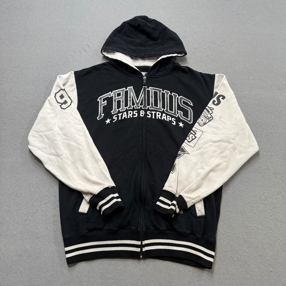 Famous Stars & Straps Hoodie Men's Medium Black White Zip Up Varsity Collegiate